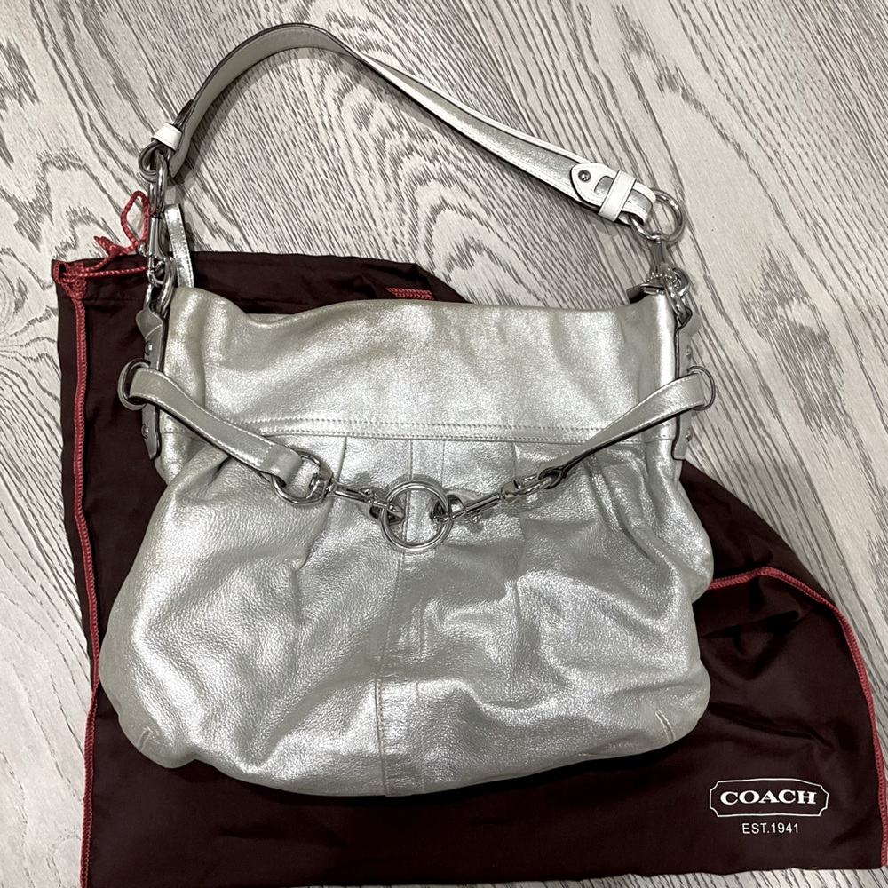 Coach silver pleated metallic hobo bag